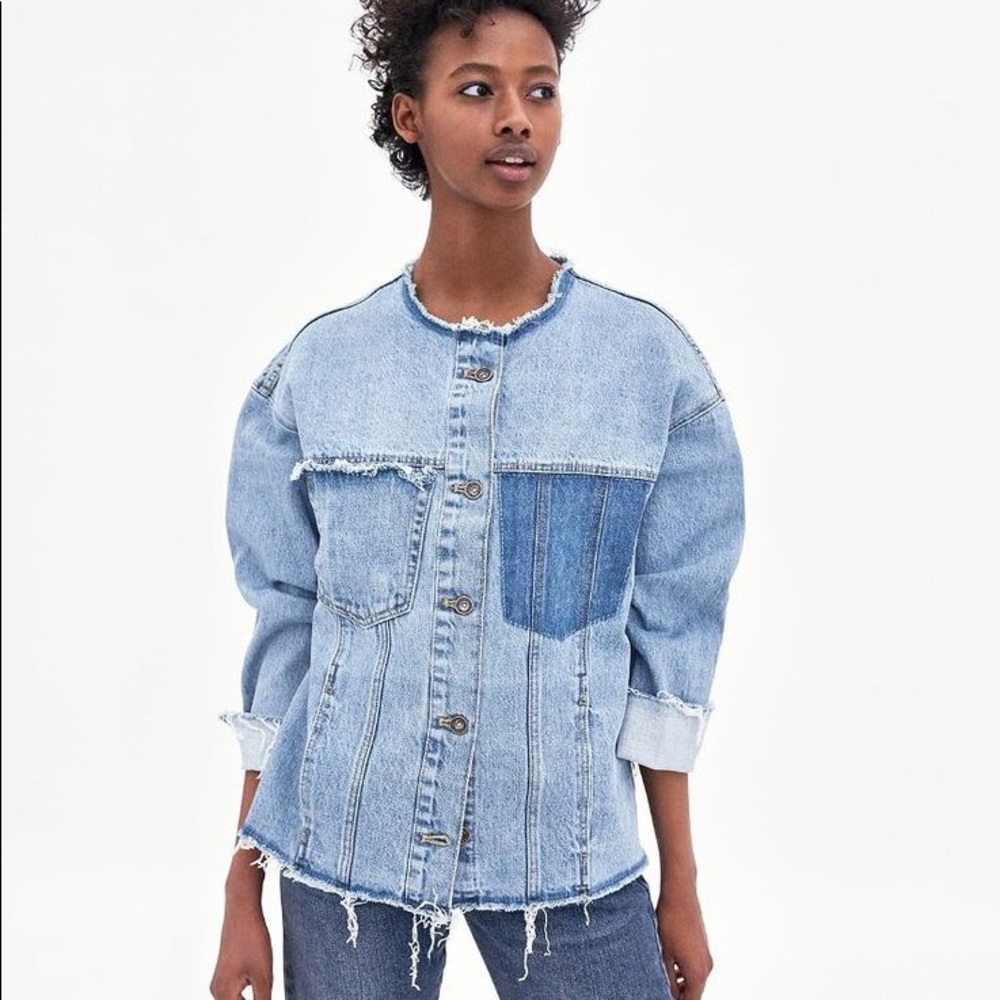 ZARA | Collarless distressed denim jacket - Picture 3 of 13
